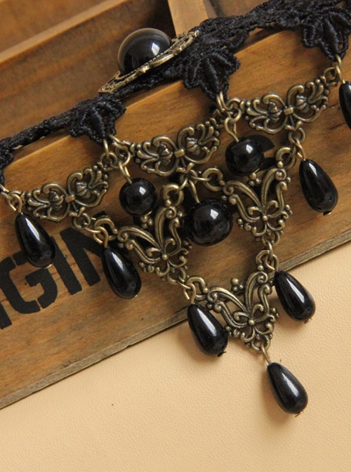 Retro Palace Style Black Lace And Pearl Gothic Necklace