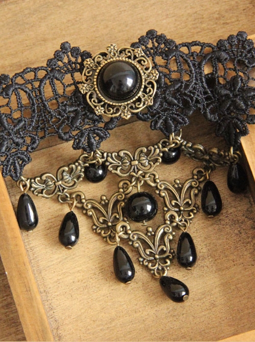 Retro Palace Style Black Lace And Pearl Gothic Necklace