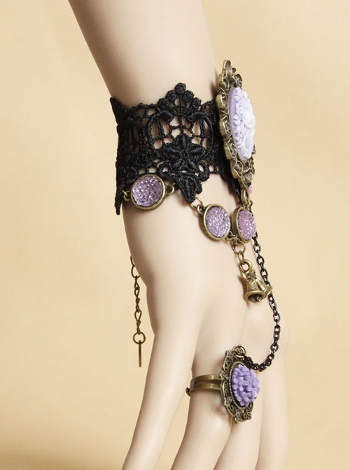 Retro Black Lace Violet Gothic Bracelet Ring Jewelry