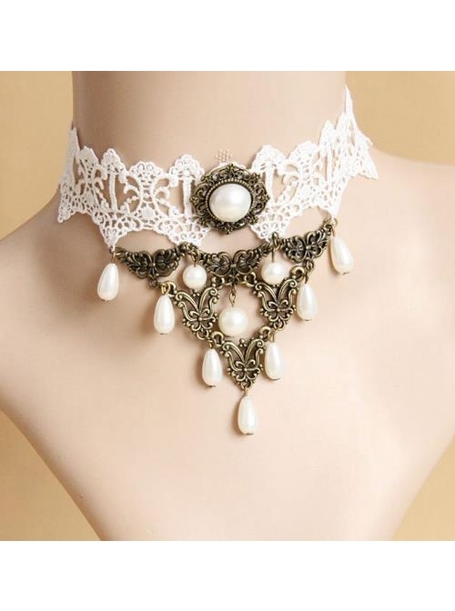 Retro Palace Style White Lace And Pearl Gothic Necklace