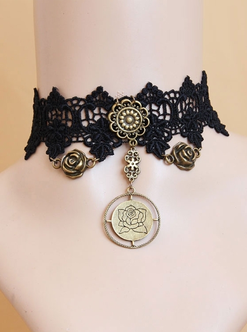 Black Lace Rose Pendant Gothic Necklace