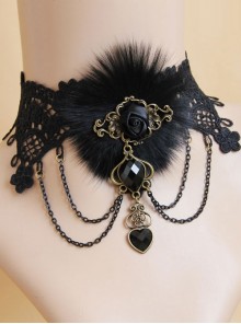 Party Ribbon Rose Black Fur Gothic Necklace