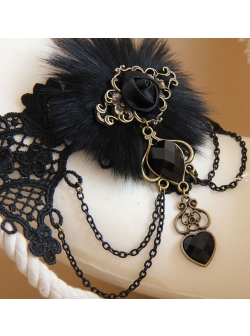 Party Ribbon Rose Black Fur Gothic Necklace