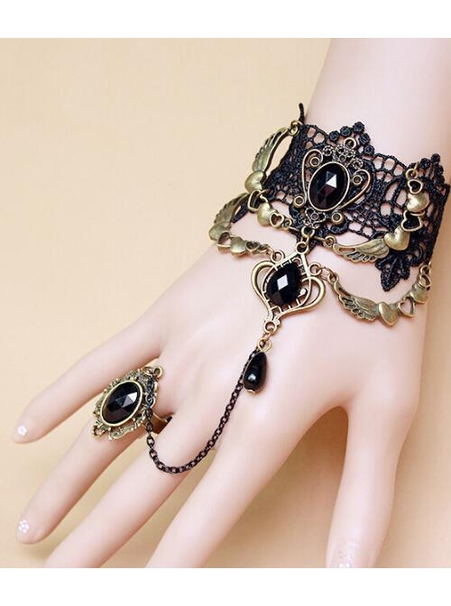 Black Lace Bronze Wings Bracelet Ring Gothic Jewelry