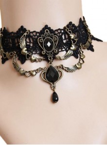 Retro Black Lace Bronze Wings Gothic Necklace