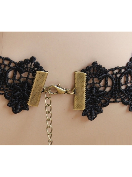 Retro Black Lace Bronze Wings Gothic Necklace