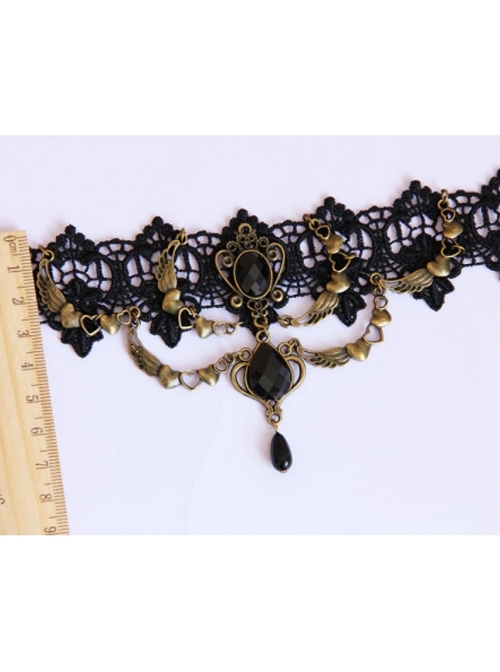 Retro Black Lace Bronze Wings Gothic Necklace