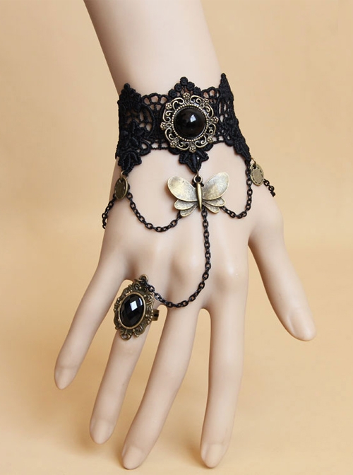Black Lace Bronze Butterfly Gothic Bracelet Ring Jewelry