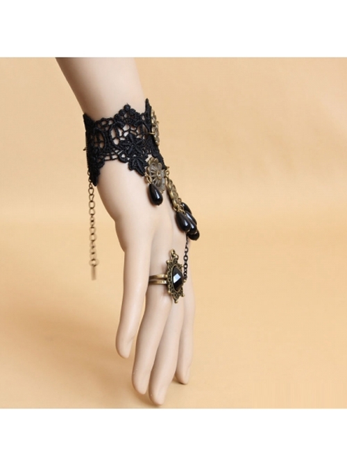 Black Lace Pearl Pendant Gothic Bracelet Ring Jewelry