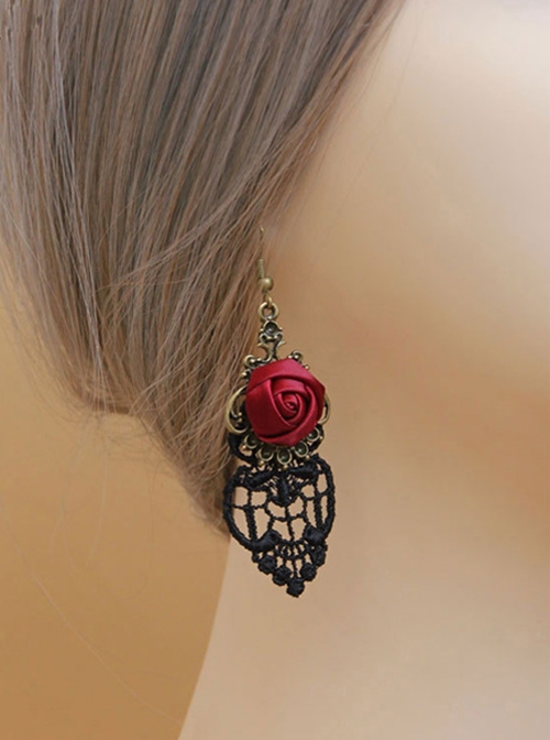 Black Lace Red Rose Gothic Earrings