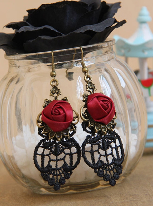 Black Lace Red Rose Gothic Earrings