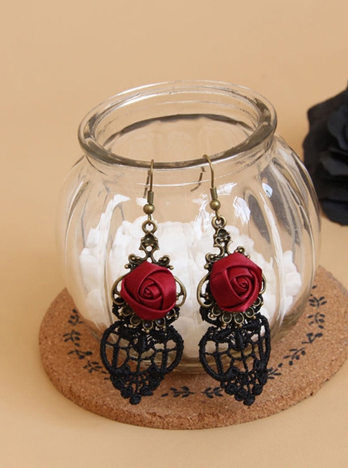 Black Lace Red Rose Gothic Earrings