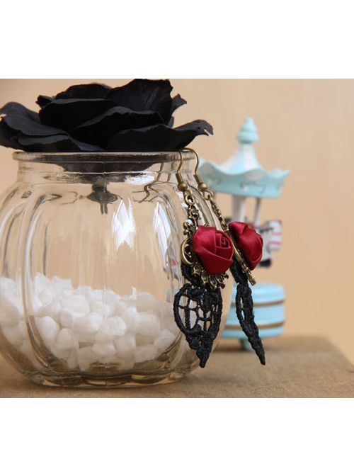 Black Lace Red Rose Gothic Earrings