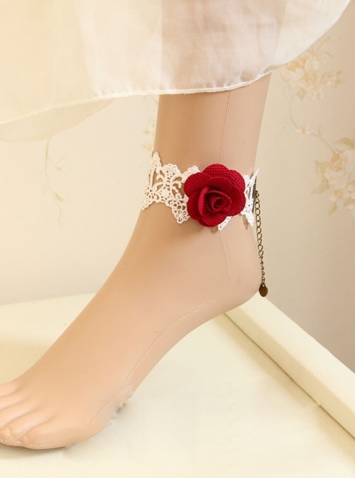 White Lace Red Rose Gothic Wedding Ankle Bracelet