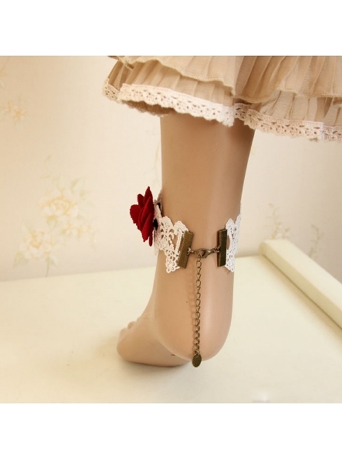 White Lace Red Rose Gothic Wedding Ankle Bracelet