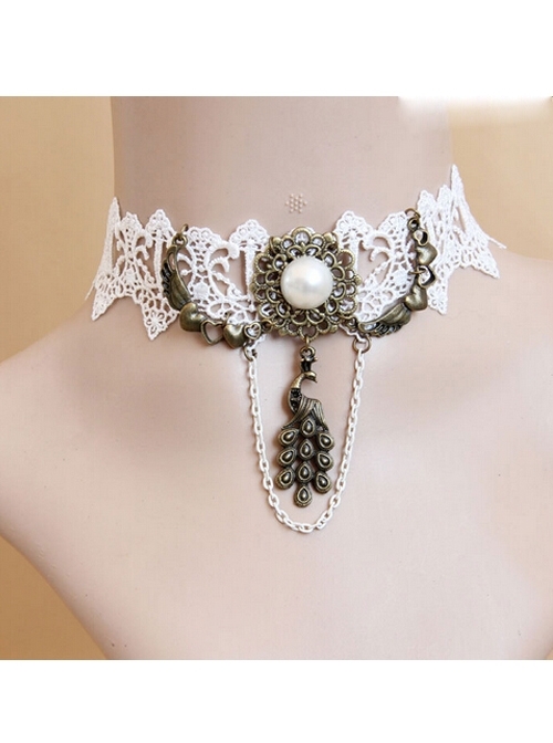 Peacock Pendant White Lace Gothic Necklace