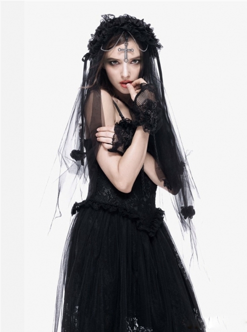 Romantic Bride Cross Pendant Gothic Black Veil