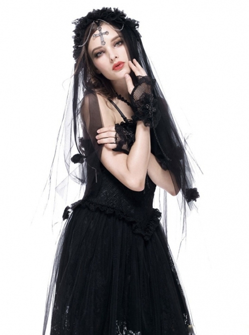 Romantic Bride Cross Pendant Gothic Black Veil