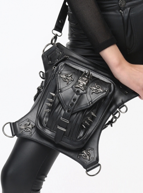 Punk Skull Rivet PU Black Gothic Waist Shoulder Messenger Bag