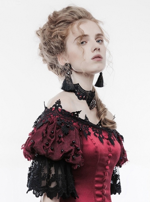 Palace Style Retro Black Lace Red Jewel Inlay Gothic Necklace