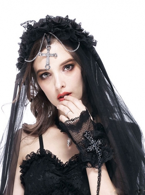 Gothic Black Lace Cross And Chain Women's Gloves