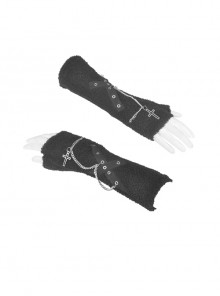 Cross Pendant Chain Punk Black Long Warm Wooly Half-finger Gloves