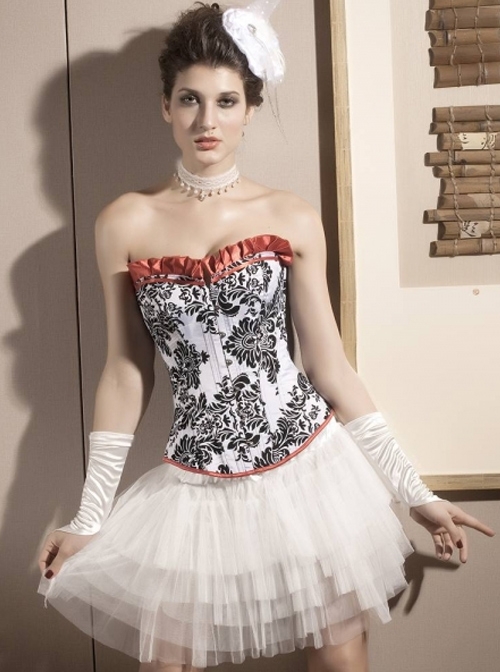 Black Floral Pattern White Overbust Victorian Corset