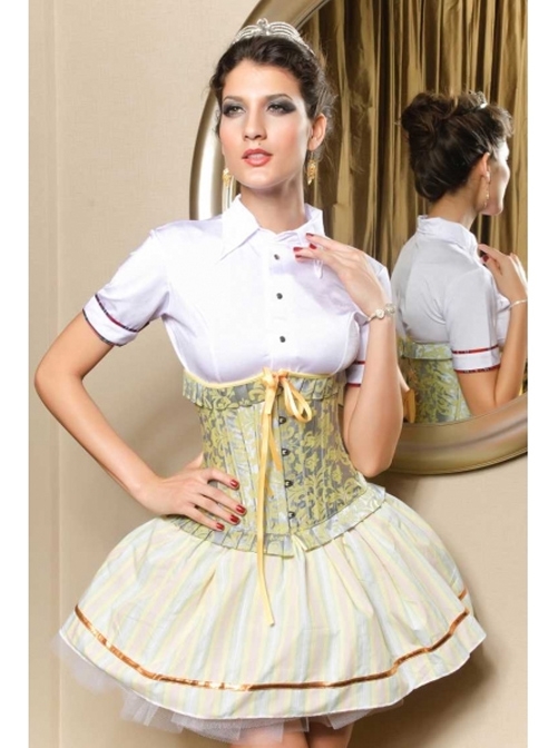 Yellow Ribbon And Green Floral Pattern Victorian Underbust Corset