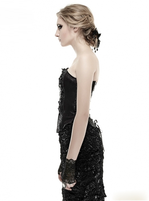 Black PU Leather Button Jacquard Gothic Corset