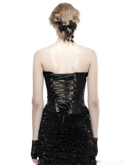 Black PU Leather Button Jacquard Gothic Corset