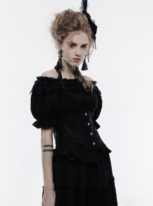 Black Lace Jacquard Halter Underbust Gothic Corset