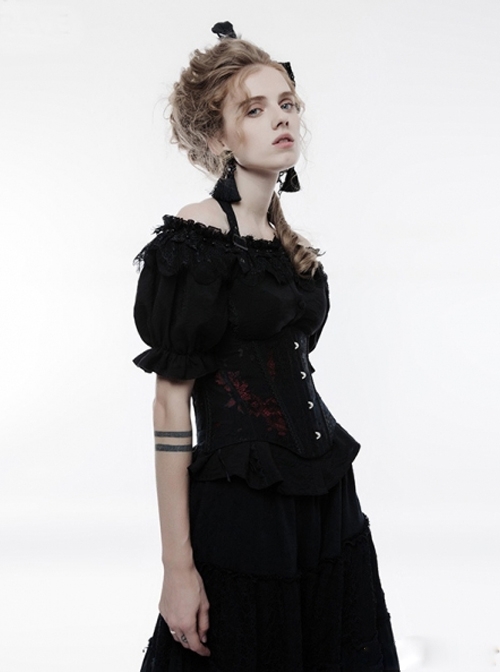 Red And Black Lace Jacquard Halter Underbust Gothic Corset