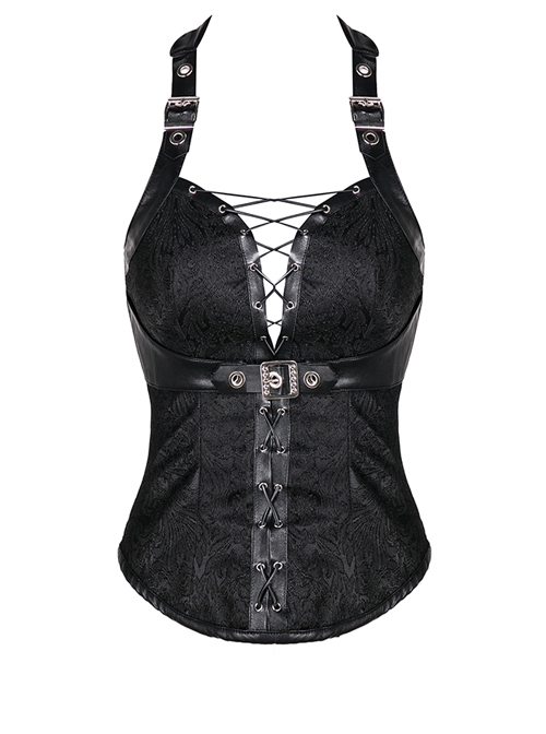 Decorative Pattern Lace-up Gothic Black Halter Corset