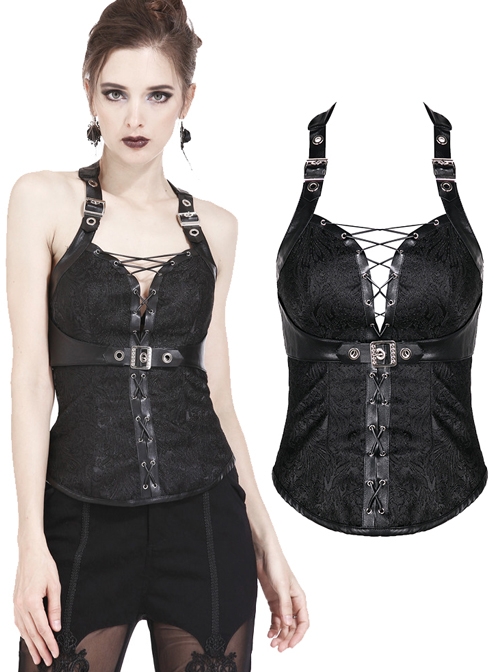 Decorative Pattern Lace-up Gothic Black Halter Corset