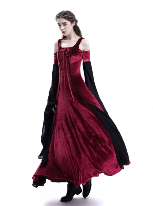 Medieval Velvet Off-the-Shoulder Wine Red Dress