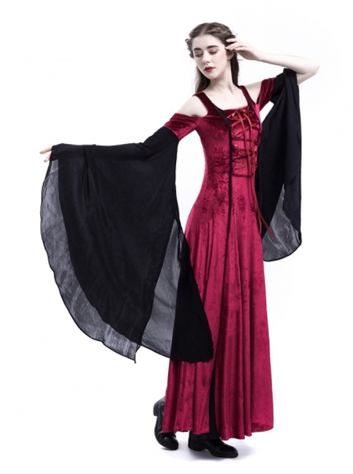 Medieval Velvet Off-the-Shoulder Wine Red Dress