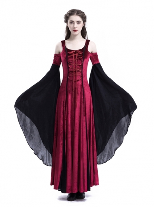 Medieval Velvet Off-the-Shoulder Wine Red Dress