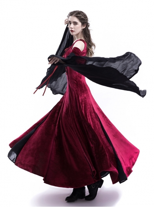 Medieval Velvet Off-the-Shoulder Wine Red Dress