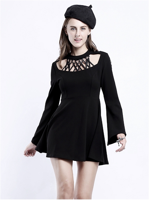 Punk Gothic Black High Waist Hanging Neck Slim Fit Long Sleeve Dress