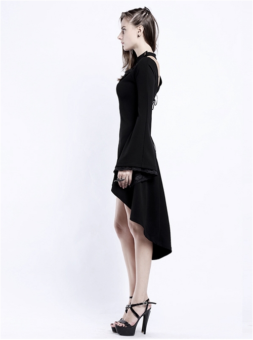 Steampunk Gothic Knitted Halterneck Black Flare Sleeve Medium Length Dress