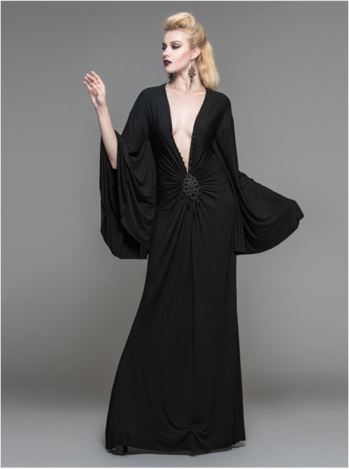 Punk Palace Style Nobleman Black High Waist Deep V Collar Gothic Dress