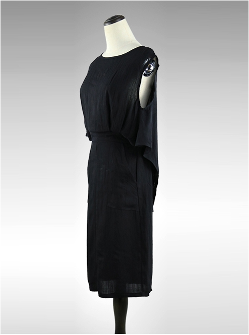 Black Cotton-linen Slim Fit Sleeveless Medium Length Cheap Dress