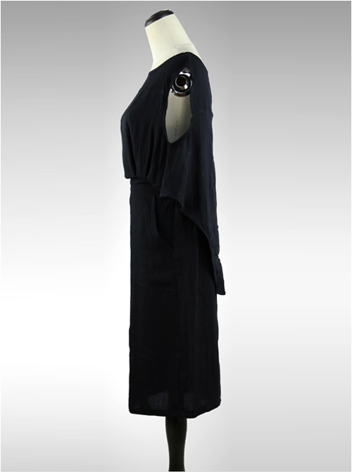 Black Cotton-linen Slim Fit Sleeveless Medium Length Cheap Dress