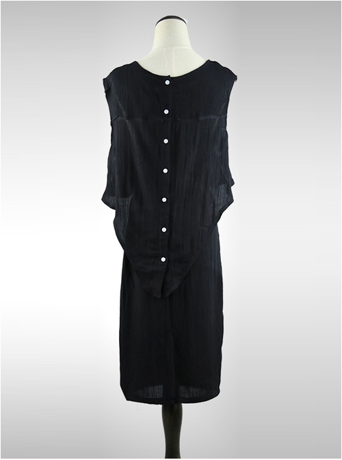 Black Cotton-linen Slim Fit Sleeveless Medium Length Cheap Dress