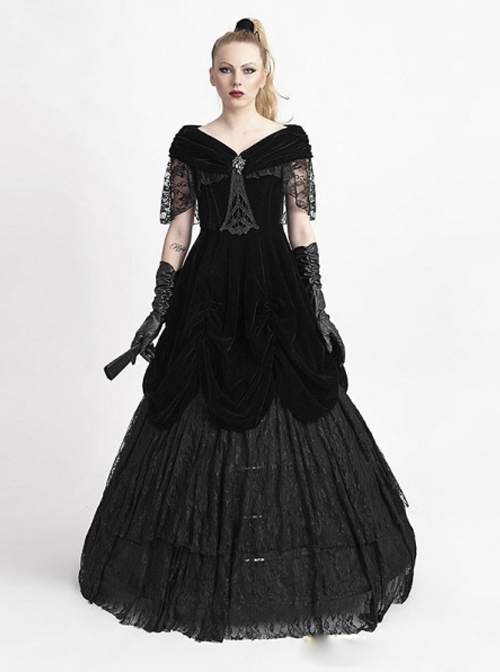 Gothic Off-the-shoulder Black Lace And Velvet Victorian Dress