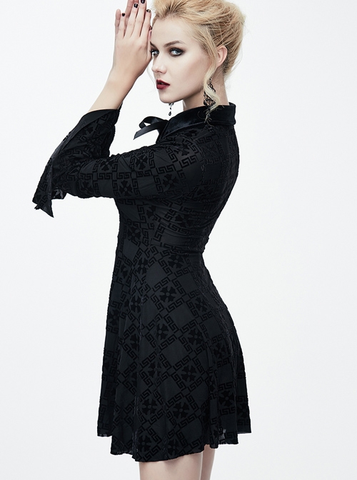 Black Bowknot Trumpet Sleeve Crucifix Printing Pleuche Gothic Long Sleeve Dress