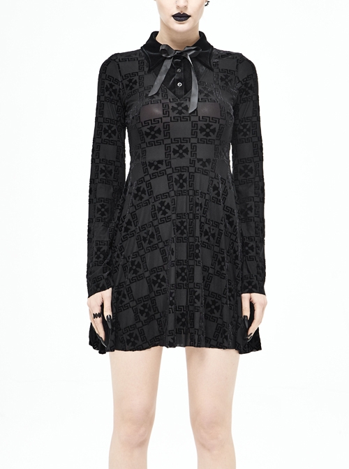 Black Bowknot Trumpet Sleeve Crucifix Printing Pleuche Gothic Long Sleeve Dress