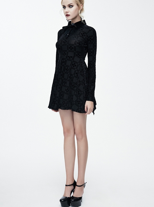 Black Bowknot Trumpet Sleeve Crucifix Printing Pleuche Gothic Long Sleeve Dress