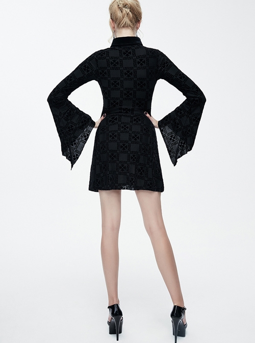 Black Bowknot Trumpet Sleeve Crucifix Printing Pleuche Gothic Long Sleeve Dress