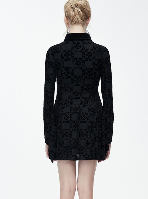 Black Bowknot Trumpet Sleeve Crucifix Printing Pleuche Gothic Long Sleeve Dress